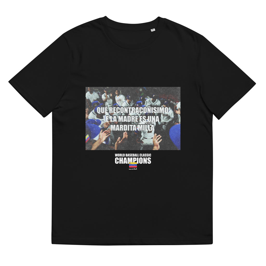 Caribal Kilometraje Equipo T-shirt featuring a graphic design on a black cotton shirt with short sleeves and crew neckline.