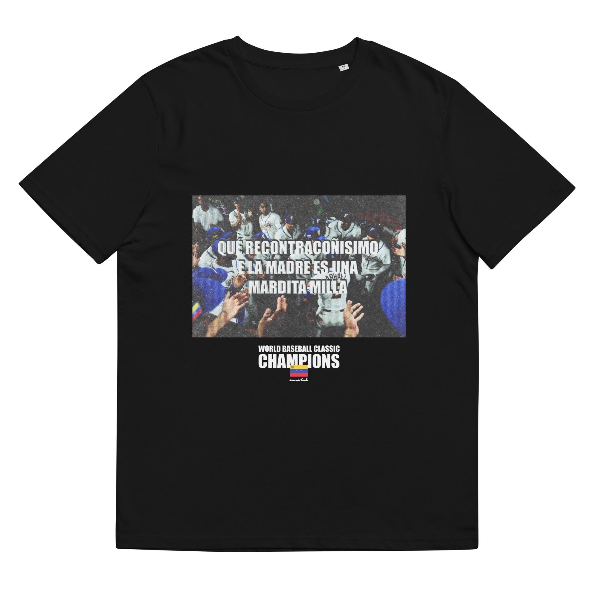 Caribal Kilometraje Equipo T-shirt featuring a graphic design on a black cotton shirt with short sleeves and crew neckline.