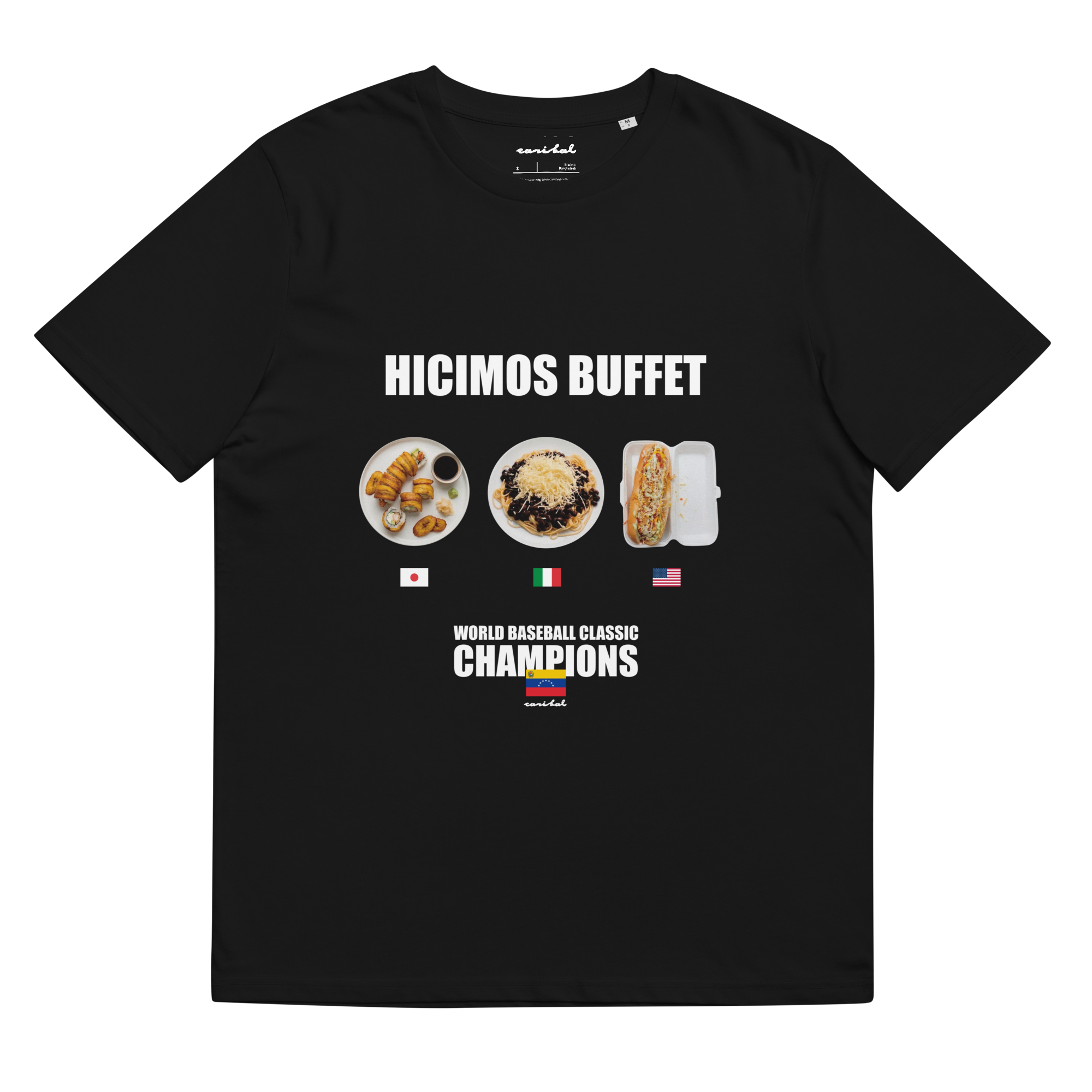 Caribal HICIMOS BUFFET T-shirt celebrating 2026 WBC Champs, featuring bold text and vibrant design on front.