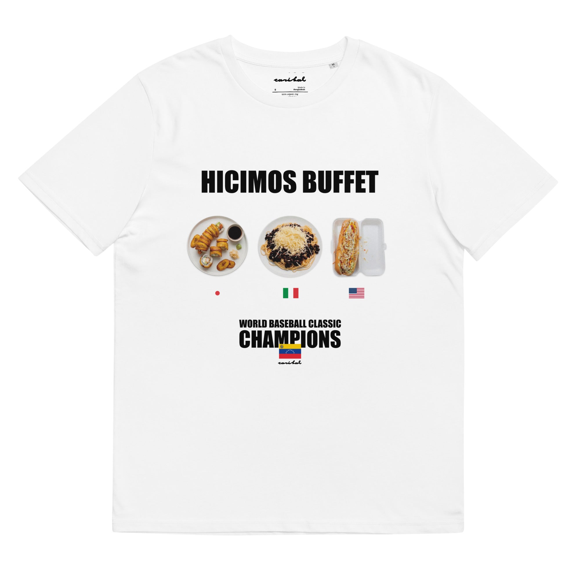 Caribal HICIMOS BUFFET WHITE T-shirt featuring WBC 2026 Champs logo, soft cotton fabric, and classic fit.