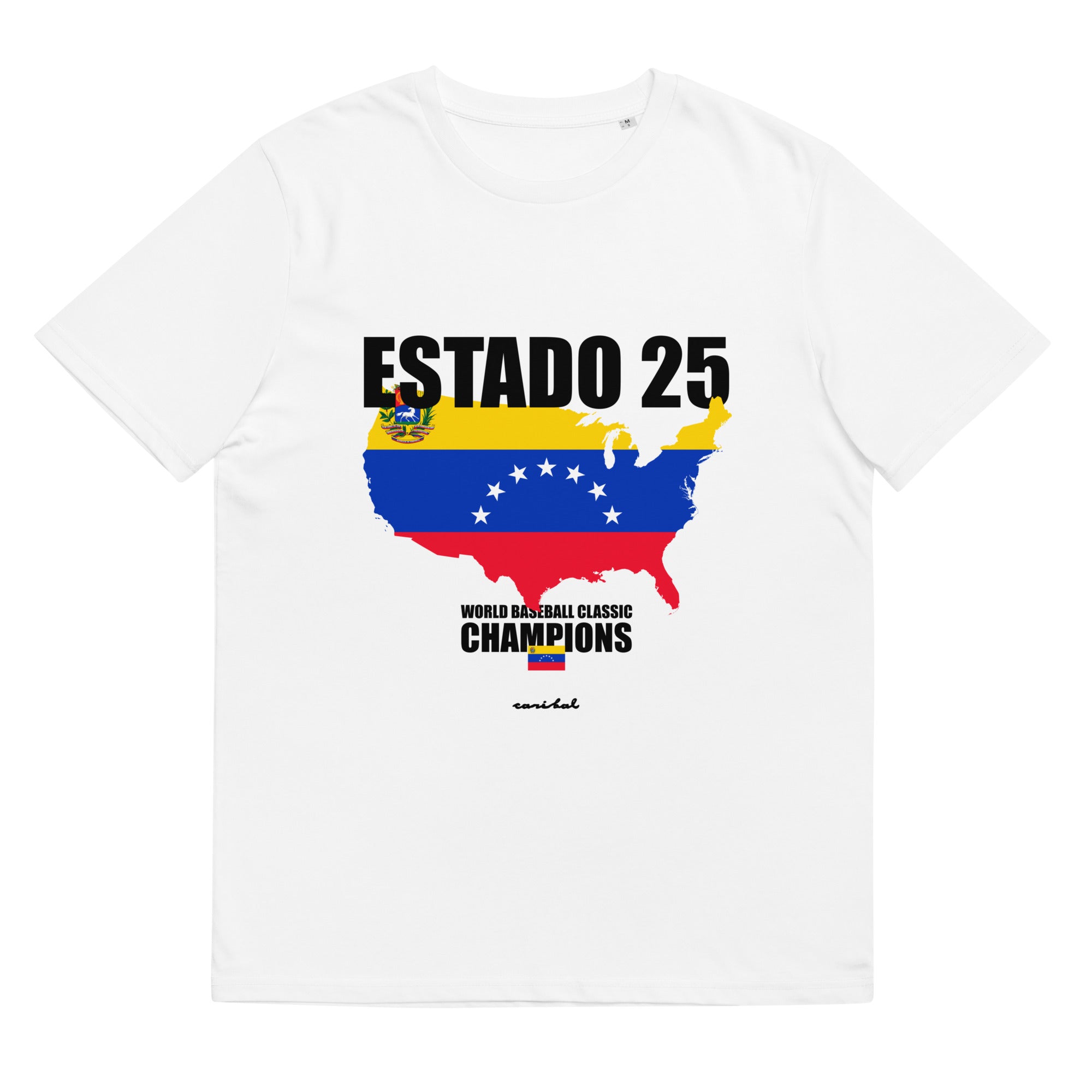 Caribal ESTADO 25 White T-shirt featuring WBC 2026 Champions logo, unisex organic ribbed neck, casual sportswear style.